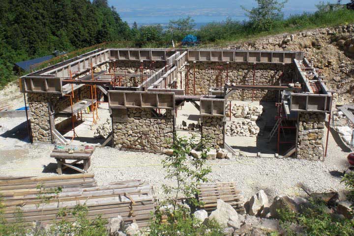 Rawcliffe House: Form work for bond beam on stone walls.