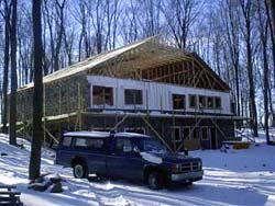 Rehl House: Roof trusses installed.