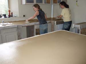 Concrete kitchen counter troweled smooth.