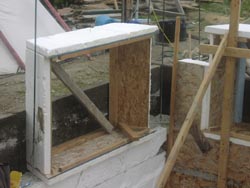 Beadboard panel window frames.
