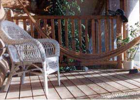 Wicker Chair and Hammock in Sunroom.