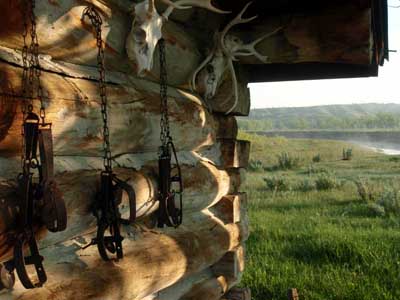Rustic log cabin.