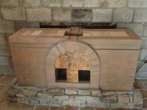 Brick baffle system of masonry fireplace.